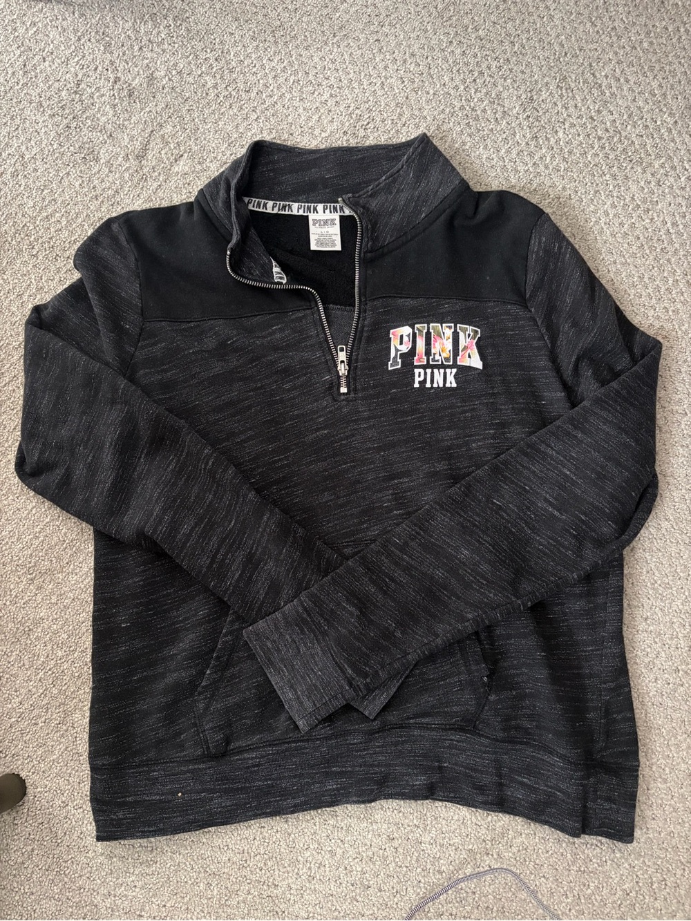 PINK Victoria's Secret Black Heathered Quarter-Zip Pullover